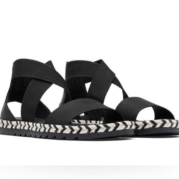 Sorel Ella I Black Leather Arrow Chevron Jute Espadrille Elastic Sandal EUC SZ 9 - Picture 1 of 6
